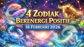 Ilustrasi digital astrologi menampilkan empat zodiak berenergi positif untuk 18 Februari 2026: Pisces, Cancer, Taurus, dan Capricorn, dengan latar langit berbintang, konstelasi, cahaya kosmik, dan bunga-bunga, menonjolkan suasana magis dan kreatif