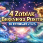 Ilustrasi digital astrologi menampilkan empat zodiak berenergi positif untuk 18 Februari 2026: Pisces, Cancer, Taurus, dan Capricorn, dengan latar langit berbintang, konstelasi, cahaya kosmik, dan bunga-bunga, menonjolkan suasana magis dan kreatif