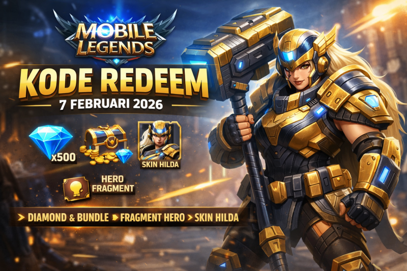 Ilustrasi Mobile Legends menampilkan Hilda dengan skin Guardian Battalion, lengkap dengan ikon diamond, bundle, dan hero fragment, serta tanggal kode redeem 7 Februari 2026. (ist)