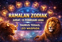 Ilustrasi ramalan zodiak 13 Februari 2026 menampilkan simbol 12 zodiak, Taurus tegas, dan Leo waspada.
