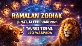 Ilustrasi ramalan zodiak 13 Februari 2026 menampilkan simbol 12 zodiak, Taurus tegas, dan Leo waspada.