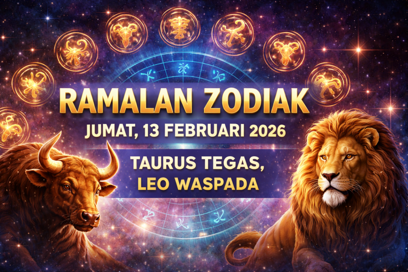Ilustrasi ramalan zodiak 13 Februari 2026 menampilkan simbol 12 zodiak, Taurus tegas, dan Leo waspada.