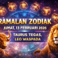 Ilustrasi ramalan zodiak 13 Februari 2026 menampilkan simbol 12 zodiak, Taurus tegas, dan Leo waspada.