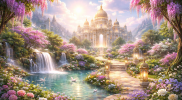 Ilustrasi surga indah dengan kamar bercahaya, taman rimbun, bunga berwarna-warni, sungai berkilau, dan cahaya lembut.