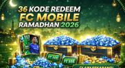 Poster promo 36 kode redeem FC Mobile Ramadhan 2026 dengan hadiah Player OVR 117, Gems biru, dan koin emas berlatar masjid dan lentera malam.