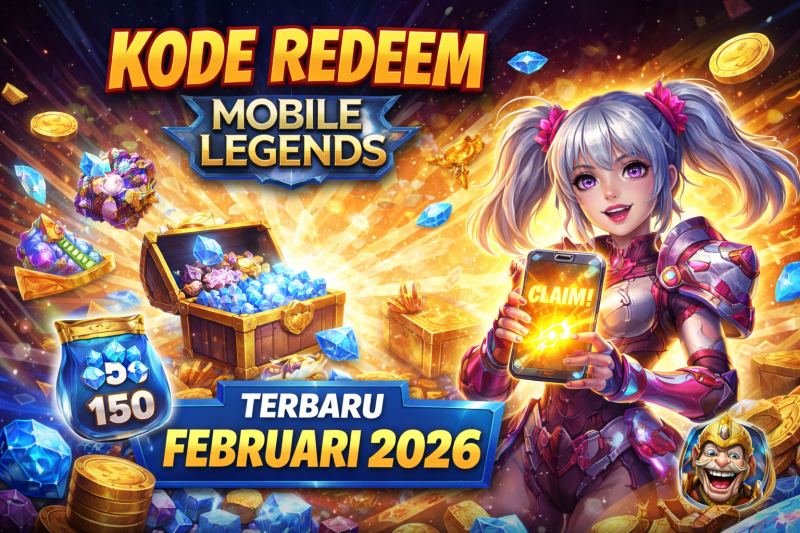 Ilustrasi kode redeem Mobile Legends terbaru Februari 2026 menampilkan hero populer memegang smartphone dengan layar “CLAIM!”, dikelilingi diamond, skin, dan hadiah eksklusif, menggambarkan sensasi klaim reward tanpa top up.
