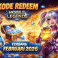 Ilustrasi kode redeem Mobile Legends terbaru Februari 2026 menampilkan hero populer memegang smartphone dengan layar “CLAIM!”, dikelilingi diamond, skin, dan hadiah eksklusif, menggambarkan sensasi klaim reward tanpa top up.