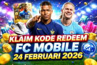 Kylian Mbappé dan Erling Haaland di stadion digital, menampilkan kode redeem FC Mobile 24 Februari 2026 dengan hadiah Gems, pemain, dan item langka. ( Foto ist)