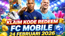 Kylian Mbappé dan Erling Haaland di stadion digital, menampilkan kode redeem FC Mobile 24 Februari 2026 dengan hadiah Gems, pemain, dan item langka. ( Foto ist)