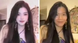 Tangkapan layar live streaming menunjukkan wajah influencer berubah-ubah karena error filter kecantikan saat berjoget di siaran langsung.