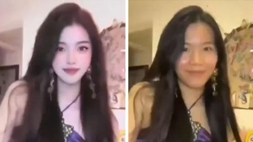 Tangkapan layar live streaming menunjukkan wajah influencer berubah-ubah karena error filter kecantikan saat berjoget di siaran langsung.