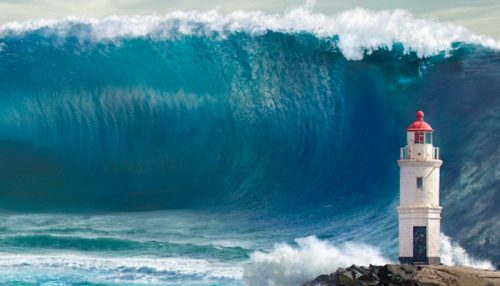 Ilustrasi gelombang raksasa (rogue waves), ombak laut ekstrem yang terbentuk dari interferensi gelombang dan dapat membahayakan pelayaran.