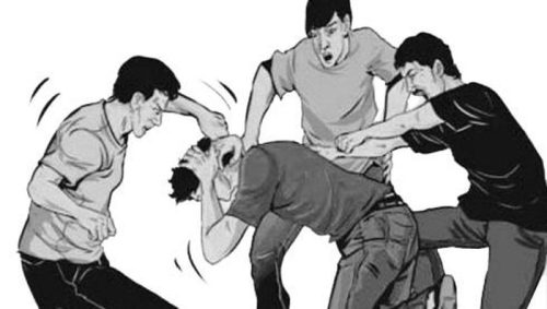 Ilustrasi pengeroyokan yang menggambarkan aksi kekerasan oleh sekelompok orang terhadap korban.
