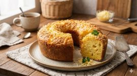 Foto bolu keju cheddar yang lembut dan gurih, siap dinikmati sebagai camilan di rumah.