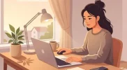 Ilustrasi ASN bekerja dari rumah menggunakan laptop dan rapat daring.