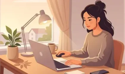 Ilustrasi ASN bekerja dari rumah menggunakan laptop dan rapat daring.