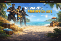 Ilustrasi laman Garena Free Fire menampilkan karakter beraksi di pantai tropis dengan harta karun dan hadiah eksklusif, menggambarkan petualangan dan keseruan game ( foto AI)