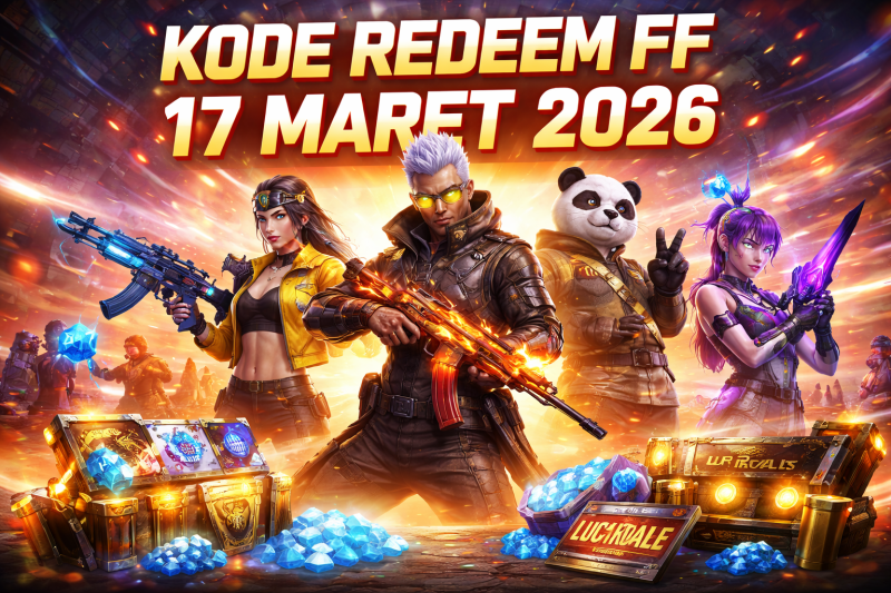 Ilustrasi karakter game Free Fire dengan hadiah kode redeem FF 17 Maret 2026 seperti skin senjata, bundle, dan diamond gratis. Sumber: Garena Free Fire / Ilustrasi AI