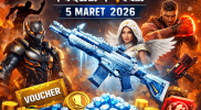 Ilustrasi 55 kode redeem Free Fire 5 Maret 2026 dengan hadiah skin XM8 Blizzard Blaze, bundle, voucher, dan diamond gratis.
