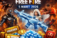 Ilustrasi kode redeem Free Fire 5 Maret 2026 dengan hadiah skin XM8 Blizzard Blaze, bundle eksklusif, dan diamond gratis. ( foto chat gpt)