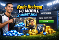 Pemain FC Mobile menampilkan kode redeem FUT26-MARET-2026 beserta hadiah Gems, koin, dan kartu OVR tinggi. (Foto chat gpt)