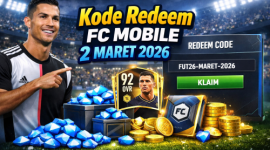 Pemain FC Mobile menampilkan kode redeem FUT26-MARET-2026 beserta hadiah Gems, koin, dan kartu OVR tinggi. (Foto chat gpt)