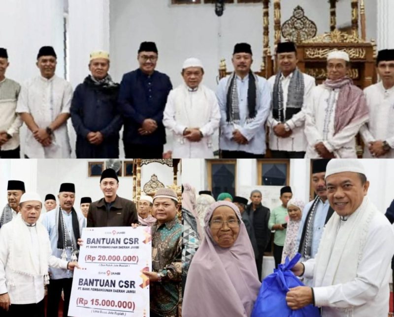 Al Haris dan Monadi menyerahkan bantuan di Masjid Al-Falah.