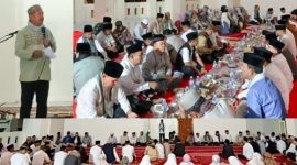 Bupati Kerinci Monadi memberikan sambutan saat menutup Safari Ramadhan 2026 di Islamic Center, sekaligus menekankan pentingnya lingkungan bersih dan kesejahteraan masyarakat.