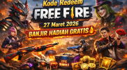 Gambar kode redeem Free Fire 27 Maret 2026 dengan hadiah gratis dan karakter aksi