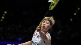 Pebulu tangkis Taiwan, Lin Chun Yi, merayakan kemenangan setelah mengalahkan Lakshya Sen pada final All England Open 2026 di Utilita Arena Birmingham, Inggris.