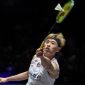 Pebulu tangkis Taiwan, Lin Chun Yi, merayakan kemenangan setelah mengalahkan Lakshya Sen pada final All England Open 2026 di Utilita Arena Birmingham, Inggris.