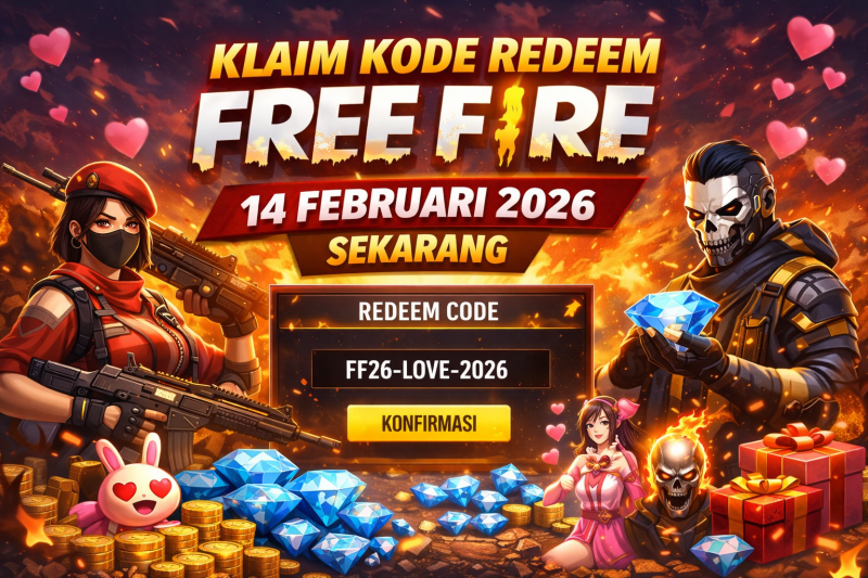  ilustrasi digital untuk promosi kode redeem Free Fire 14 Februari 2026. ( foto AI)