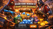 Dua karakter Free Fire menukarkan kode redeem dengan hadiah gold, diamond, dan Pet Fragment Pack di tengah aksi pertempuran.