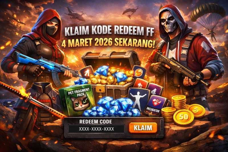 Dua karakter Free Fire menampilkan kode redeem dengan hadiah gold, diamond, dan Pet Fragment Pack di tengah aksi pertempuran. ( Foto chat Gpt)