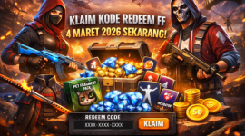 Dua karakter Free Fire menampilkan kode redeem dengan hadiah gold, diamond, dan Pet Fragment Pack di tengah aksi pertempuran. ( Foto chat Gpt)