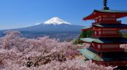 Gunung Fuji dengan langit biru dan awan tipis, ikon wisata Jepang.