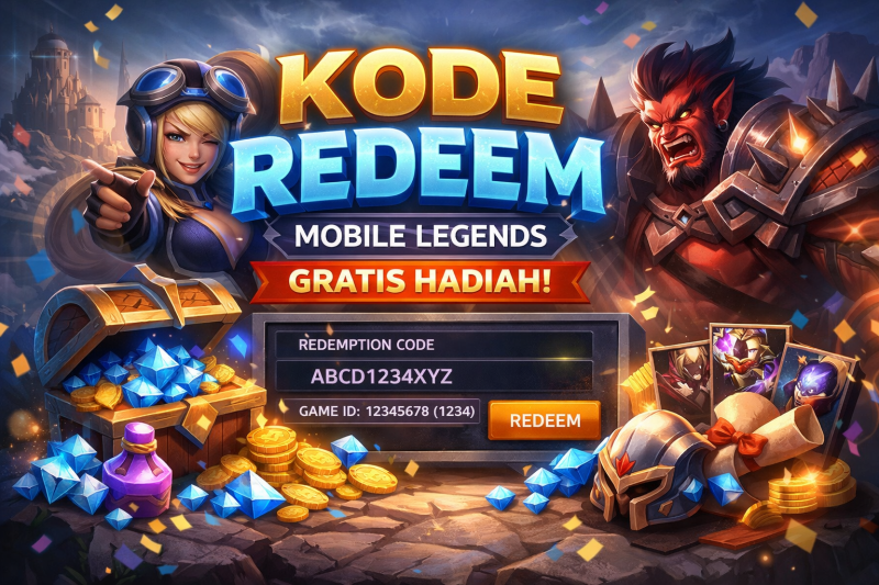 Ilustrasi kode redeem Mobile Legends menampilkan hadiah diamond, bundle, dan karakter game. Sumber: dibuat menggunakan AI 2026.