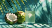 Segelas air kelapa segar dengan potongan kelapa muda