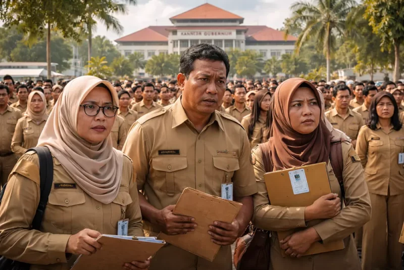 Sejumlah aparatur sipil negara (ASN) mengikuti apel di halaman kantor gubernur dengan raut wajah serius, di tengah isu pembatasan belanja pegawai dan ancaman terhadap ribuan PPPK.