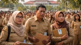 Sejumlah aparatur sipil negara (ASN) mengikuti apel di halaman kantor gubernur dengan raut wajah serius, di tengah isu pembatasan belanja pegawai dan ancaman terhadap ribuan PPPK.