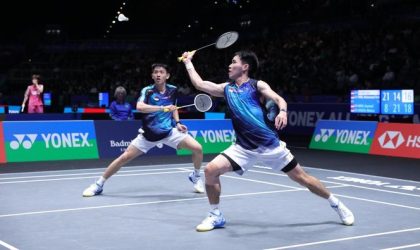 Raymond Indra dan Nikolaus Joaquin saat bertanding di perempatfinal All England 2026.