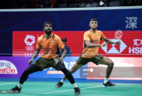 Pasangan Malaysia, Aaron Tai / Kang Khai Xing, merayakan kemenangan atas Satwiksairaj Rankireddy / Chirag Shetty pada babak awal All England 2026 di Birmingham.