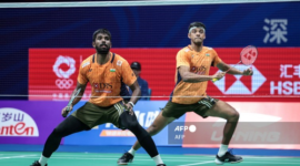 Pasangan Malaysia, Aaron Tai / Kang Khai Xing, merayakan kemenangan atas Satwiksairaj Rankireddy / Chirag Shetty pada babak awal All England 2026 di Birmingham.