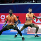 Pasangan Malaysia, Aaron Tai / Kang Khai Xing, merayakan kemenangan atas Satwiksairaj Rankireddy / Chirag Shetty pada babak awal All England 2026 di Birmingham.