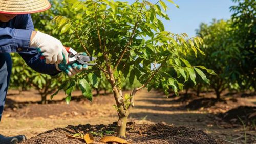 Proses pemangkasan pohon kelengkeng untuk merangsang pertumbuhan bunga dan buah.