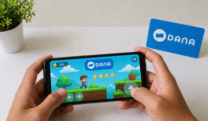 Ilustrasi ponsel menampilkan saldo DANA dan aktivitas game penghasil uang