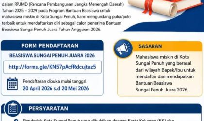 Pengumuman resmi Pemerintah Kota Sungai Penuh tentang pembukaan Beasiswa Sungai Penuh Juara 2026 bagi mahasiswa kurang mampu
