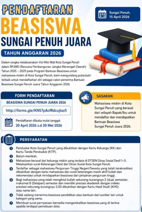 Pemkot Sungai Penuh umumkan Beasiswa Juara 2026.