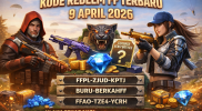 Ilustrasi kode redeem Free Fire 9 April 2026 dengan karakter, senjata, dan hadiah gratis