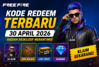 Poster kode redeem Free Fire 30 April 2026 dengan hadiah eksklusif.